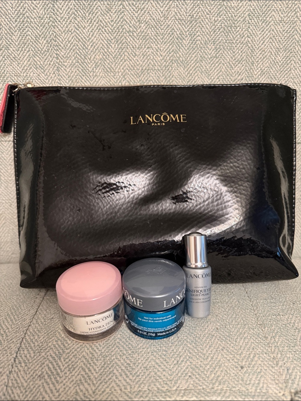 Lancôme Black Patent Cosmetic Bag with Pink and Blue Accents
